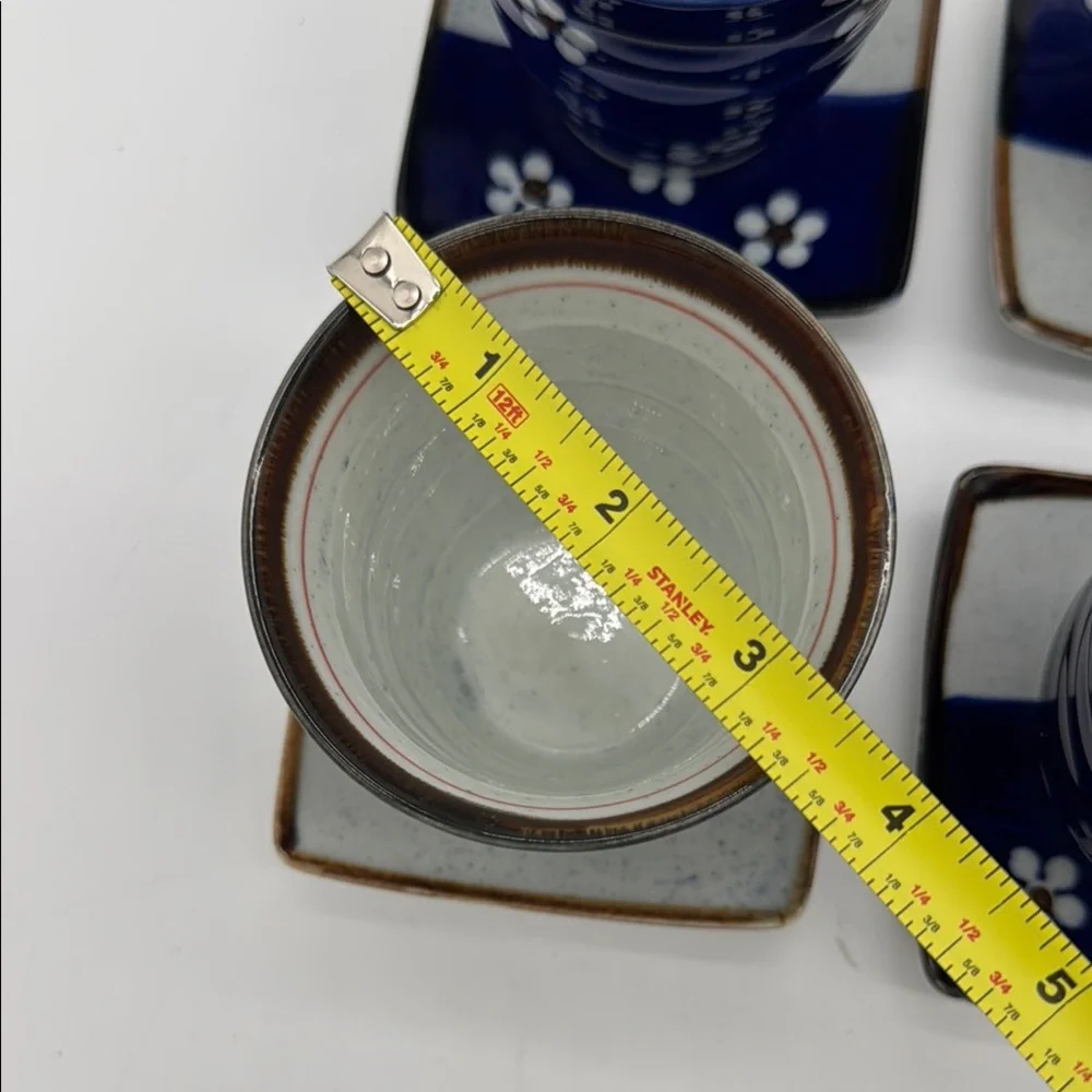Japanese Saki Tea Set 12 Piece Set of 6 Blue Floral Teacups with Saucers